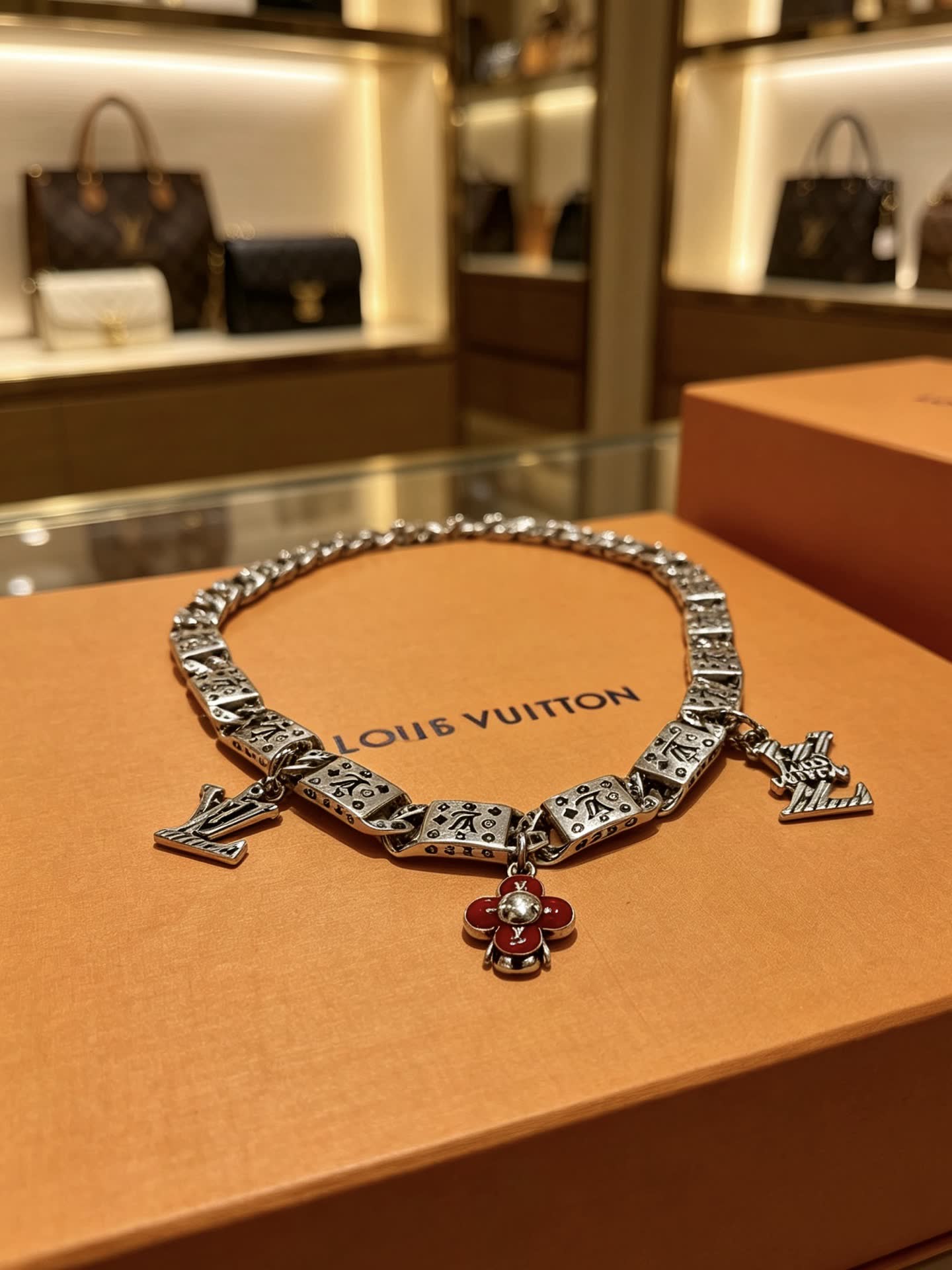 Louis Vuitton Silver Tone Necklace with Charms